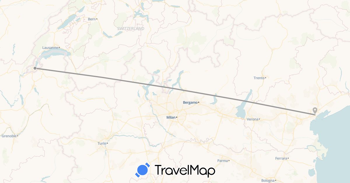 TravelMap itinerary: driving, plane in Switzerland, Italy (Europe)